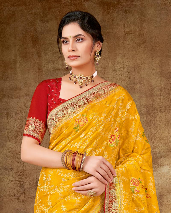 Vishal Prints Bright Yellow Designer Dola Weaving Saree With Diamond Work And Weaving Border