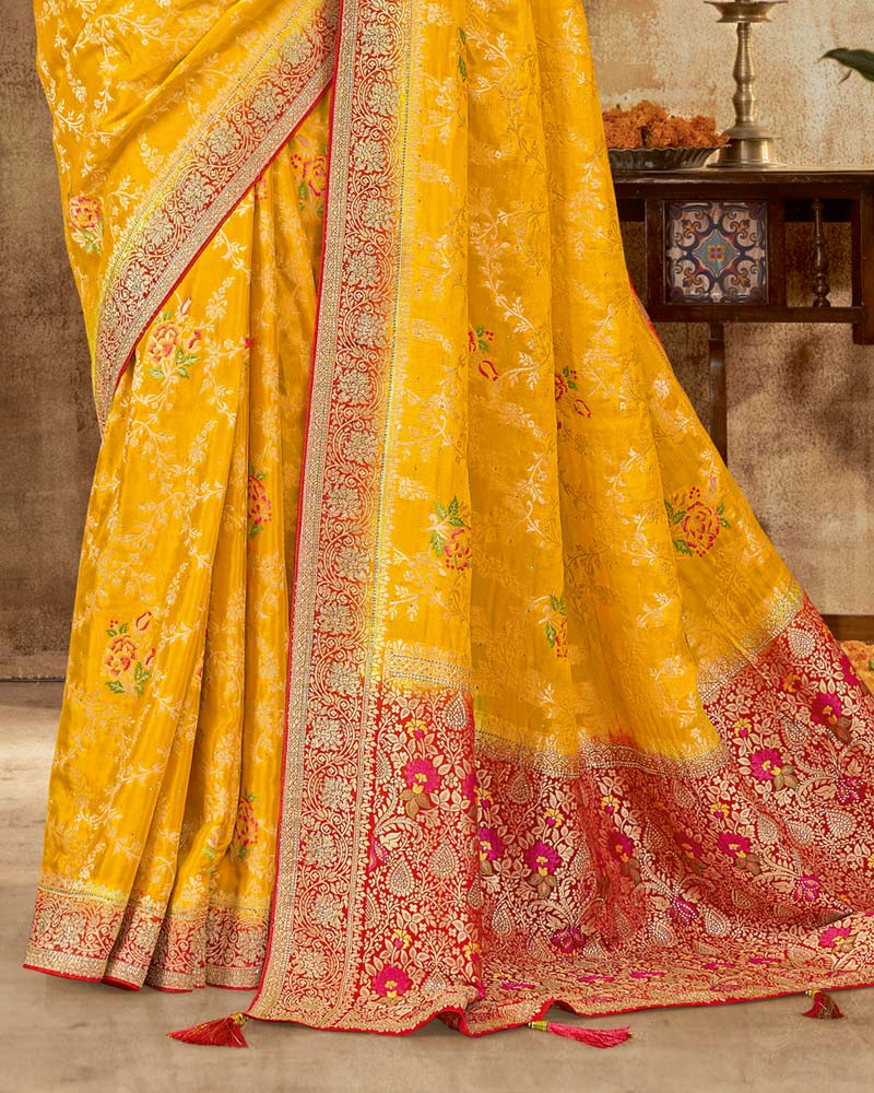 Vishal Prints Bright Yellow Designer Dola Weaving Saree With Diamond Work And Weaving Border