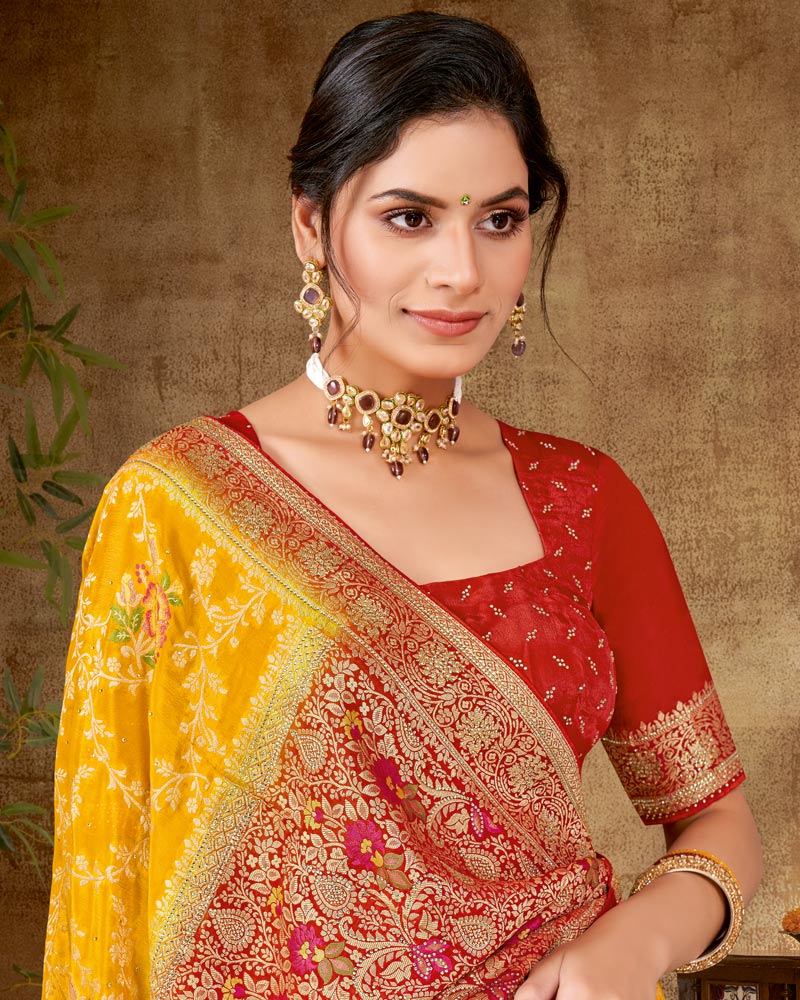 Vishal Prints Bright Yellow Designer Dola Weaving Saree With Diamond Work And Weaving Border