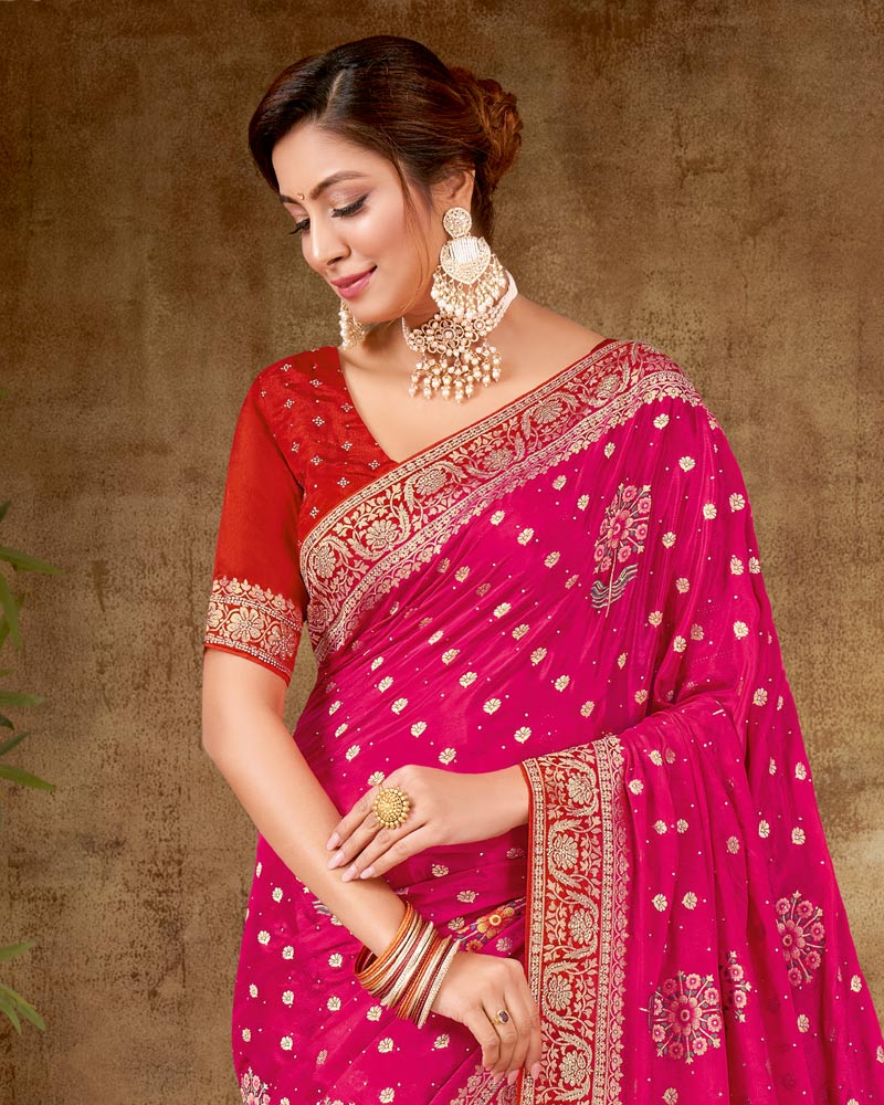 Vishal Prints Strawberry Designer Dola Weaving Saree With Diamond Work And Weaving Border