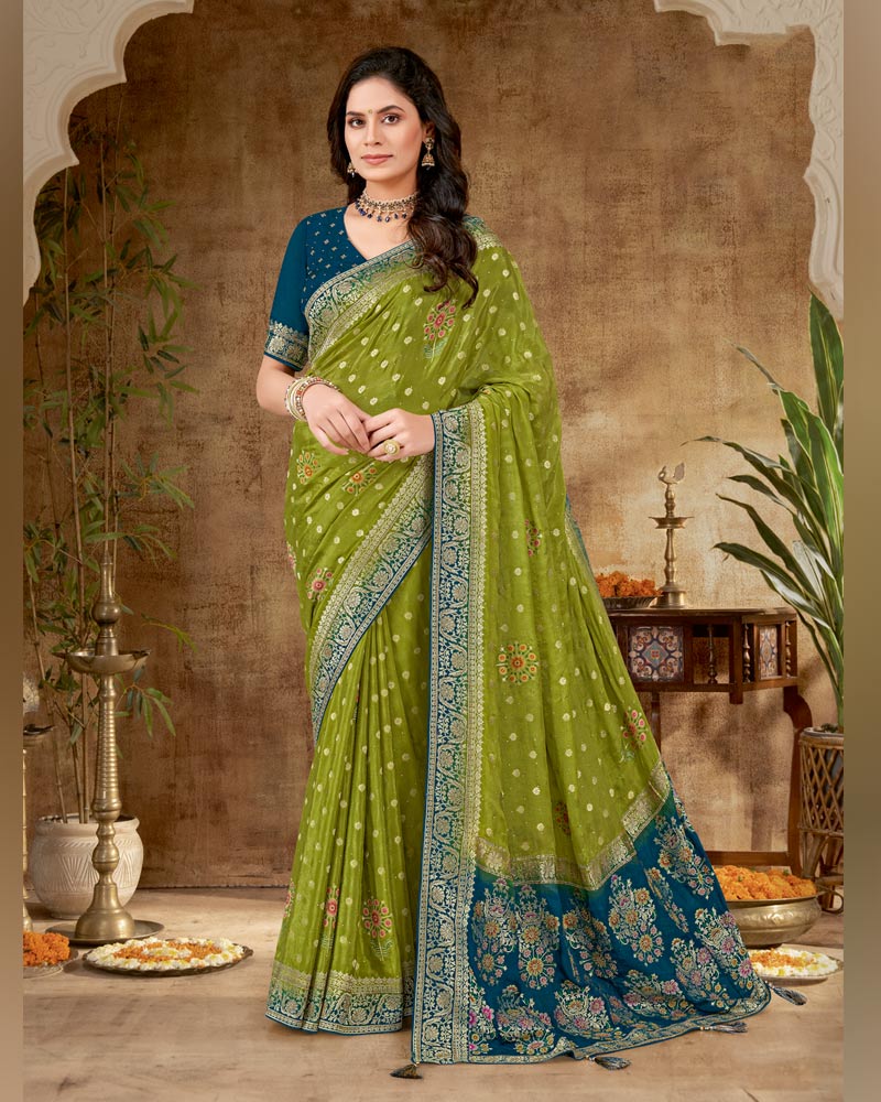 Vishal Prints Mehandi Green Designer Dola Weaving Saree With Diamond Work And Weaving Border