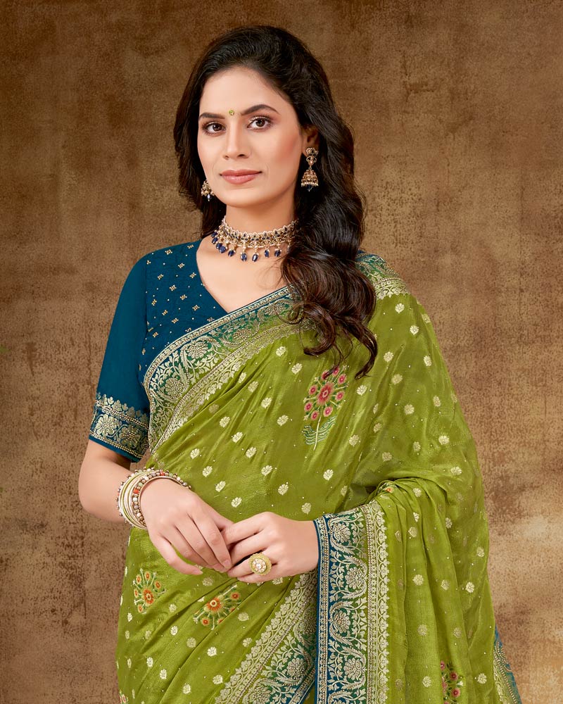 Vishal Prints Mehandi Green Designer Dola Weaving Saree With Diamond Work And Weaving Border