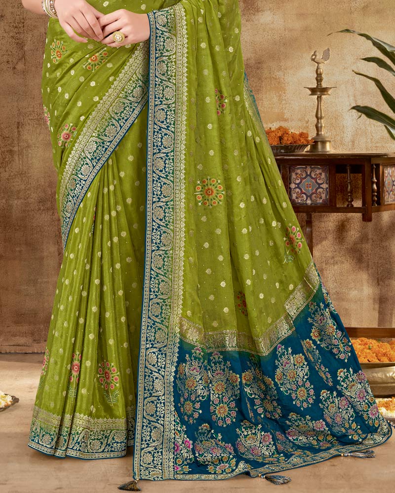 Vishal Prints Mehandi Green Designer Dola Weaving Saree With Diamond Work And Weaving Border