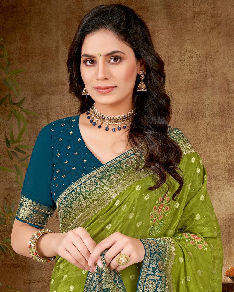 Vishal Prints Mehandi Green Designer Dola Weaving Saree With Diamond Work And Weaving Border