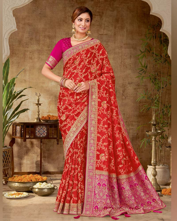 Vishal Prints Bright Red Designer Dola Weaving Saree With Diamond Work And Weaving Border