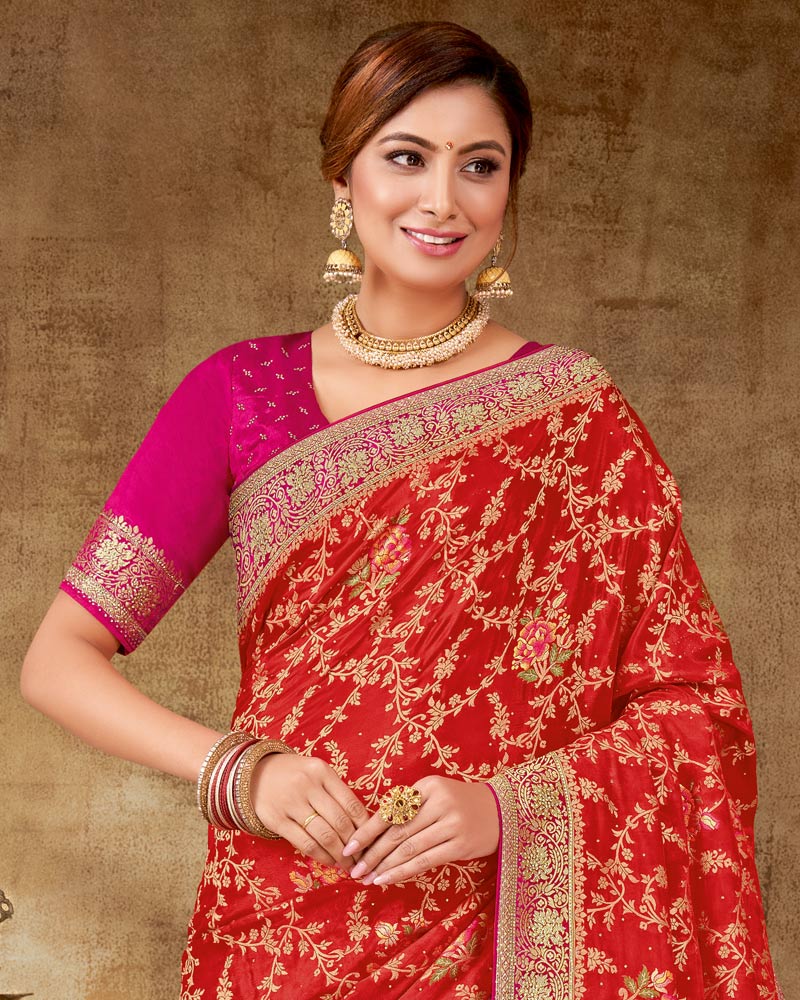 Vishal Prints Bright Red Designer Dola Weaving Saree With Diamond Work And Weaving Border