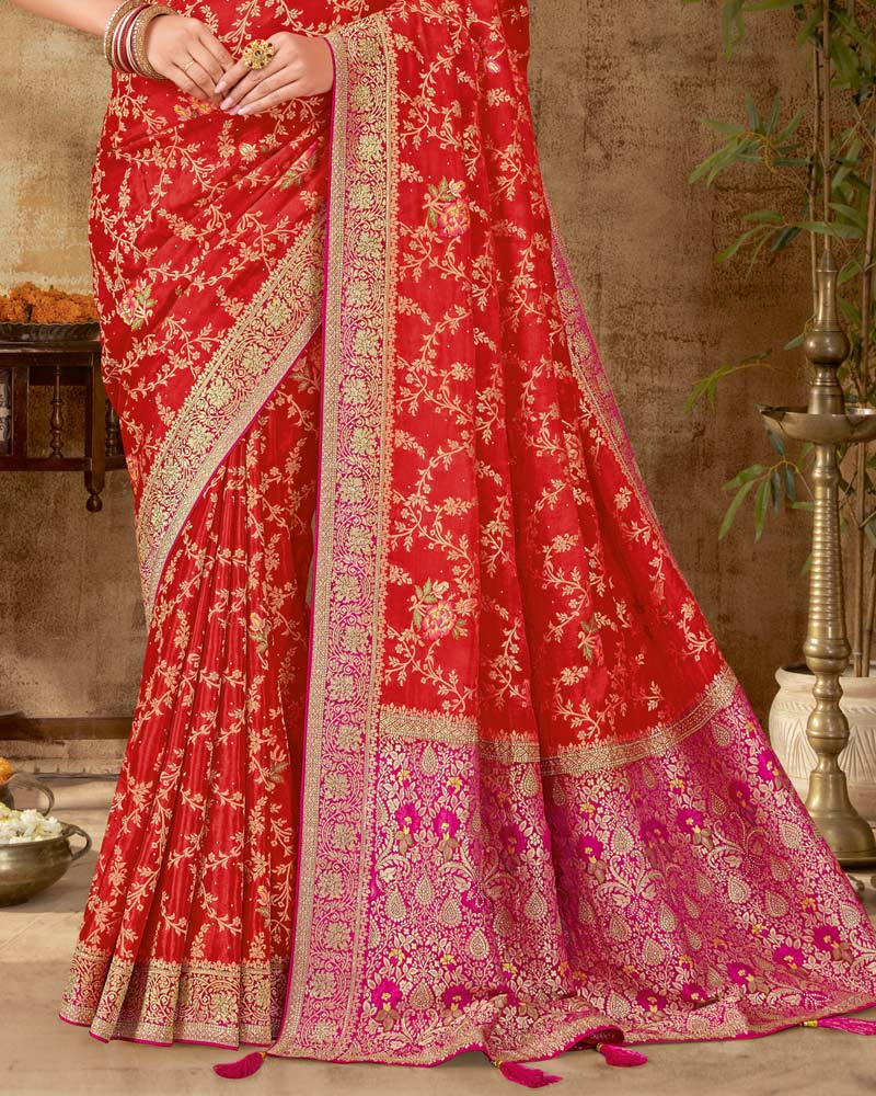 Vishal Prints Bright Red Designer Dola Weaving Saree With Diamond Work And Weaving Border