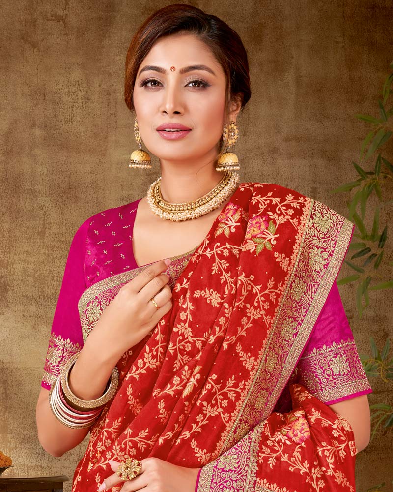 Vishal Prints Bright Red Designer Dola Weaving Saree With Diamond Work And Weaving Border