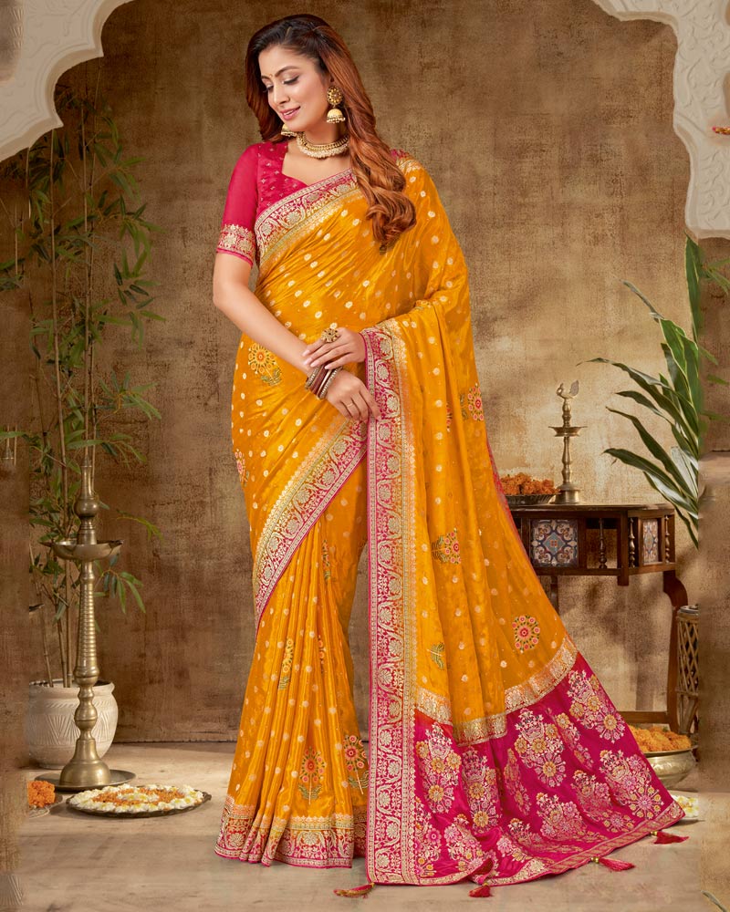 Vishal Prints Mustard Yellow Designer Dola Weaving Saree With Diamond Work And Weaving Border