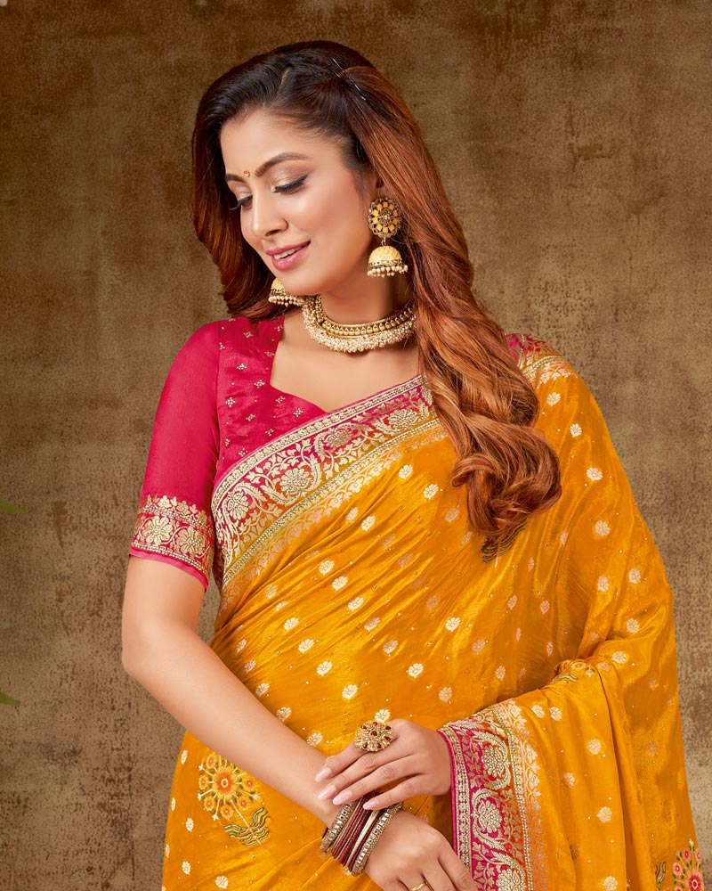 Vishal Prints Mustard Yellow Designer Dola Weaving Saree With Diamond Work And Weaving Border