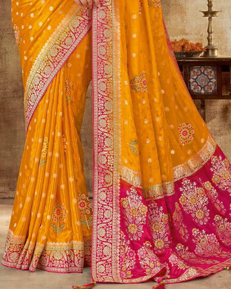 Vishal Prints Mustard Yellow Designer Dola Weaving Saree With Diamond Work And Weaving Border