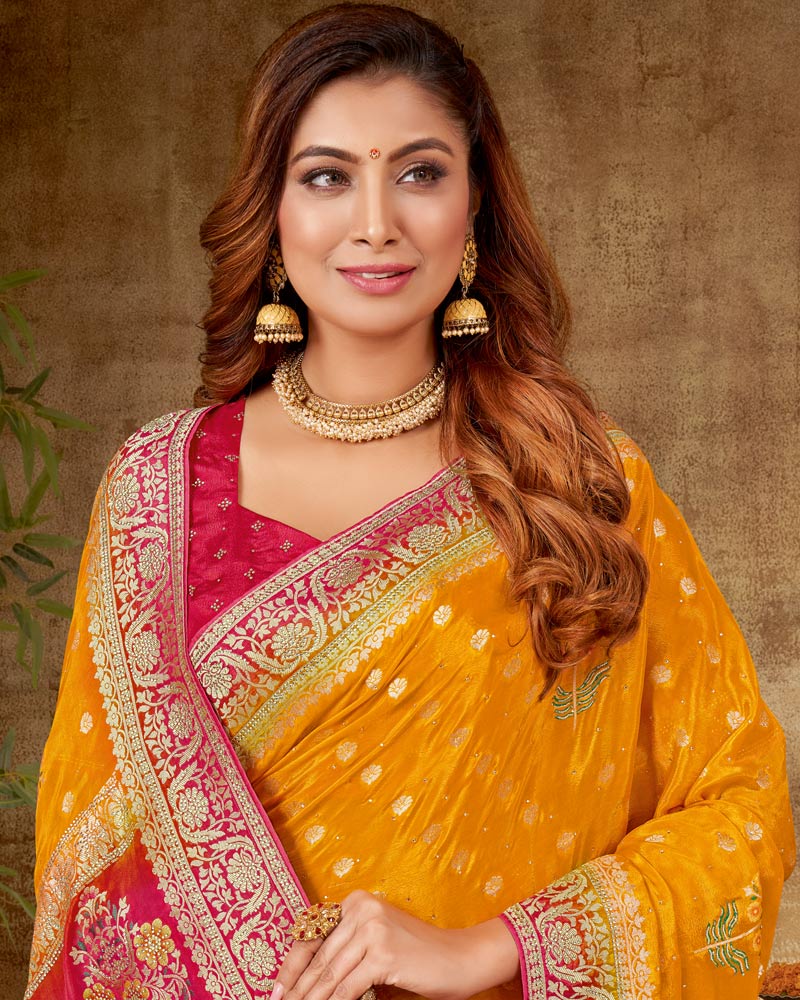 Vishal Prints Mustard Yellow Designer Dola Weaving Saree With Diamond Work And Weaving Border