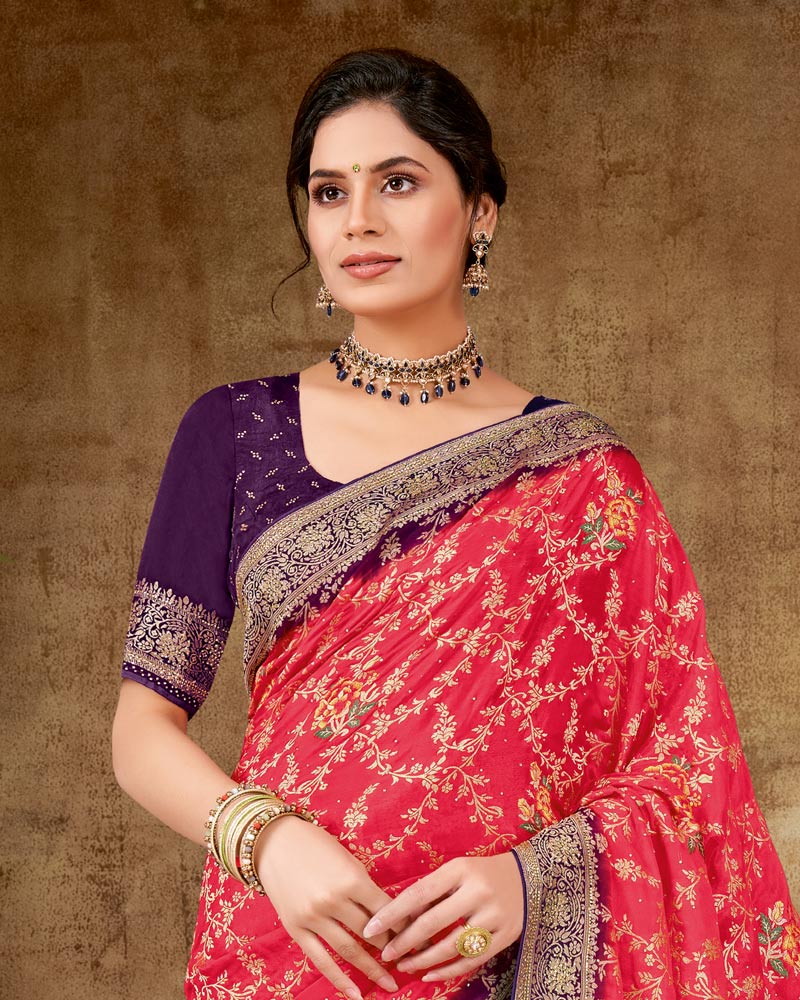 Vishal Prints Tomato Red Designer Dola Weaving Saree With Diamond Work And Weaving Border