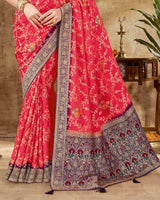 Vishal Prints Tomato Red Designer Dola Weaving Saree With Diamond Work And Weaving Border