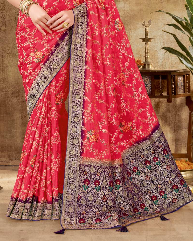 Vishal Prints Tomato Red Designer Dola Weaving Saree With Diamond Work And Weaving Border