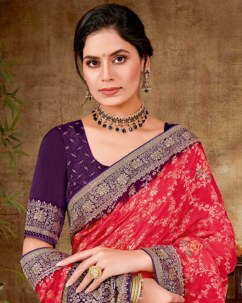 Vishal Prints Tomato Red Designer Dola Weaving Saree With Diamond Work And Weaving Border