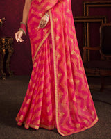 Vishal Prints Red Pink Fancy Chiffon Saree With Foil Print And Zari Border