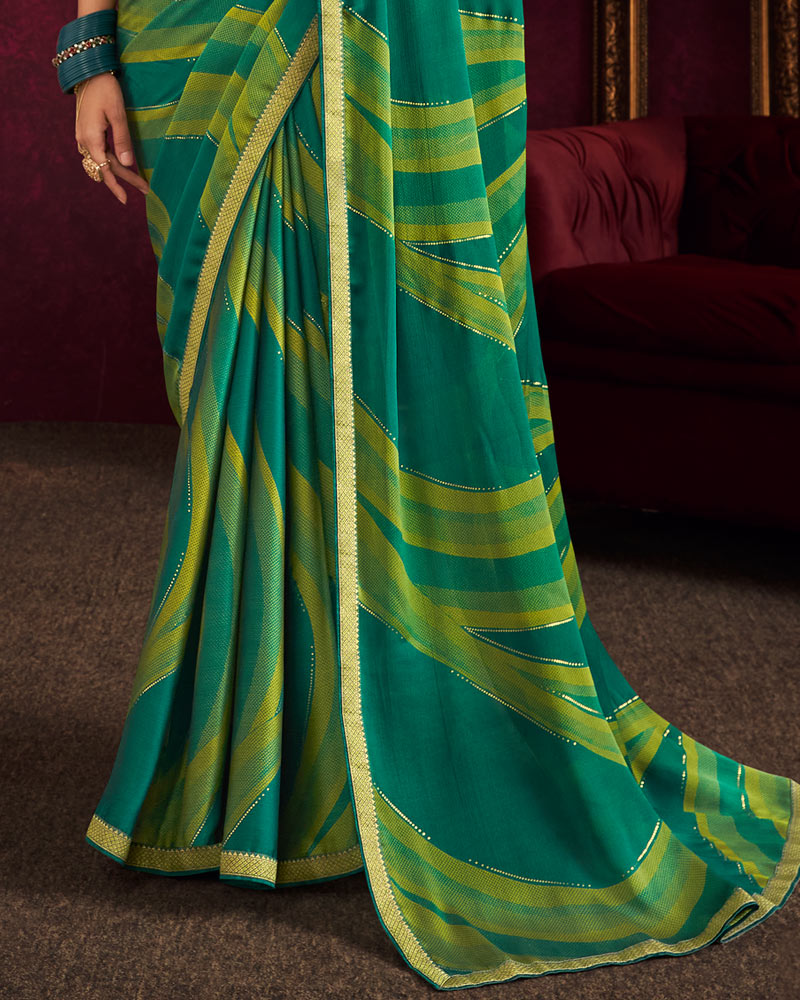 Vishal Prints Rama Green Fancy Chiffon Saree With Foil Print And Zari Border