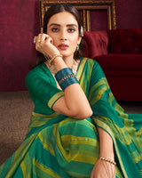 Vishal Prints Rama Green Fancy Chiffon Saree With Foil Print And Zari Border