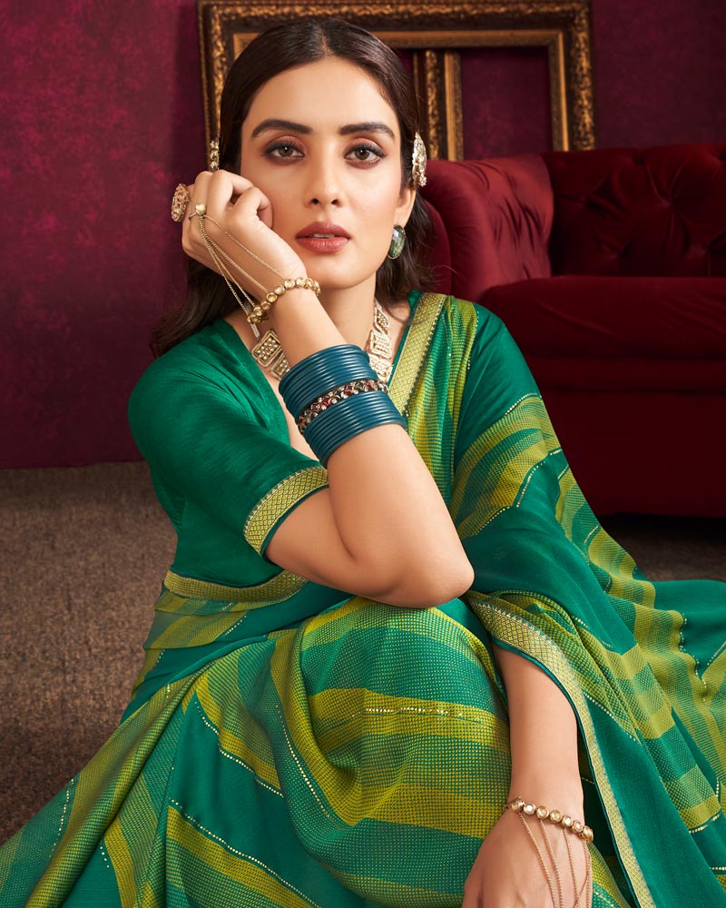 Vishal Prints Rama Green Fancy Chiffon Saree With Foil Print And Zari Border