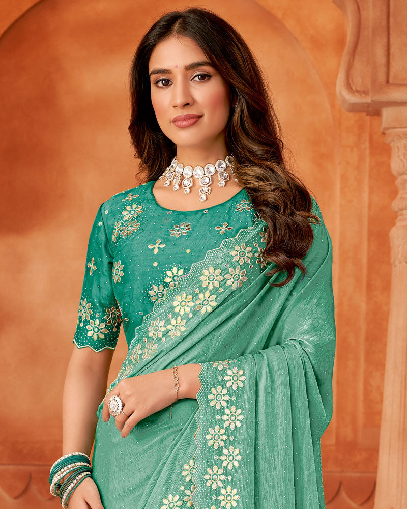 Vishal Prints Dark Spring Green Designer Fancy Chiffon Saree With Embroidery Diamond Work And Cut Work Border