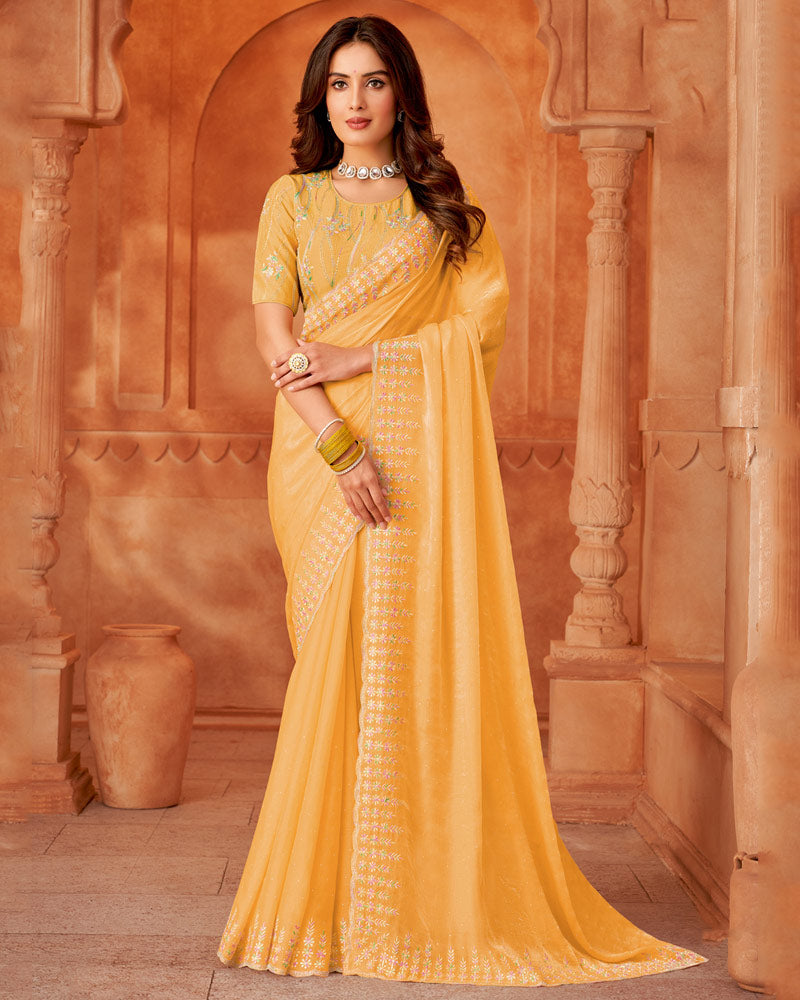 Vishal Prints Rajah Orange Designer Fancy Chiffon Saree With Embroidery Diamond Work And Cut Work Border