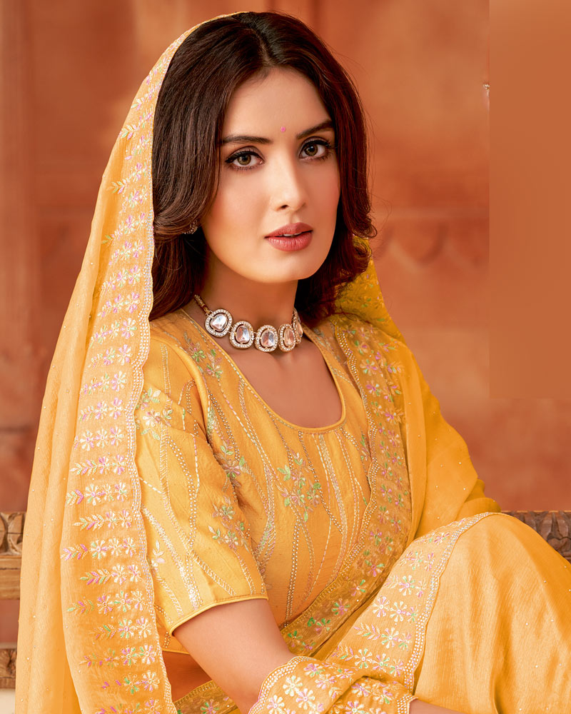 Vishal Prints Rajah Orange Designer Fancy Chiffon Saree With Embroidery Diamond Work And Cut Work Border