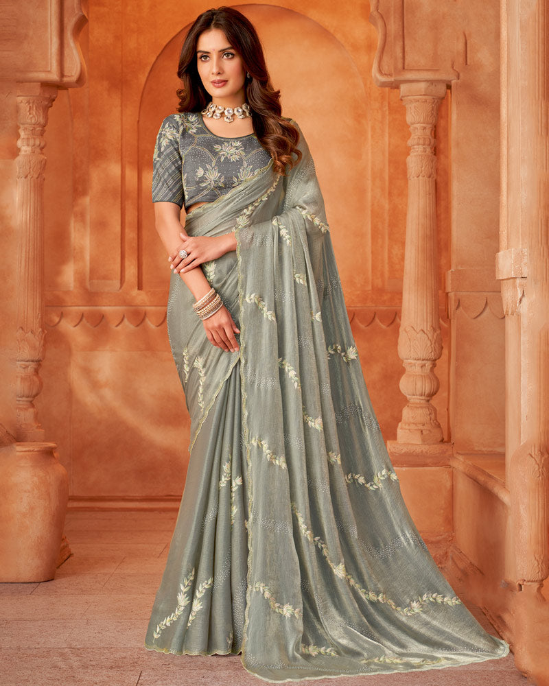 Vishal Prints Granite Grey Designer Fancy Chiffon Saree With Embroidery Diamond Work And Cut Work Border