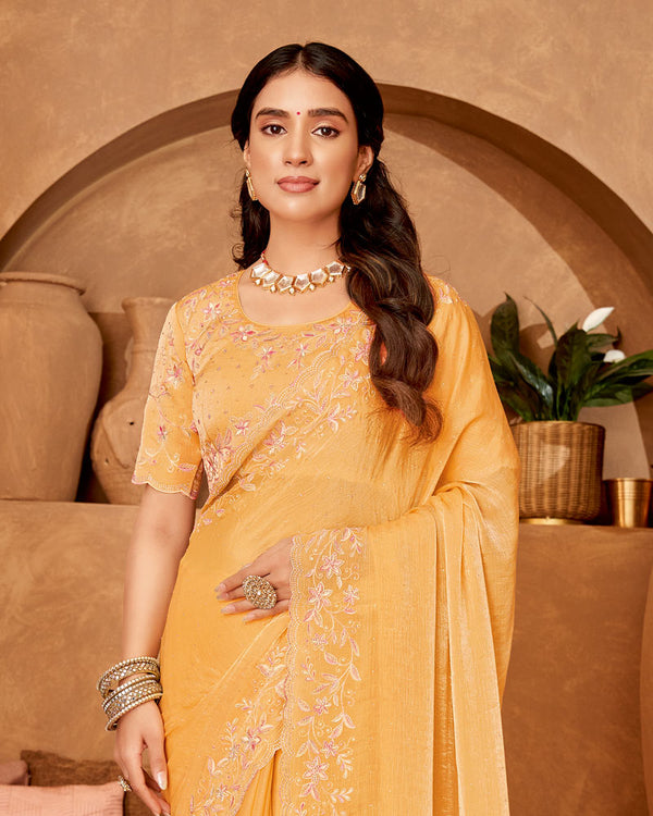 Vishal Prints Pastel Orange Designer Crushed Chiffon Saree With Embroidery-Diamond Work And Cut Work Fancy Border