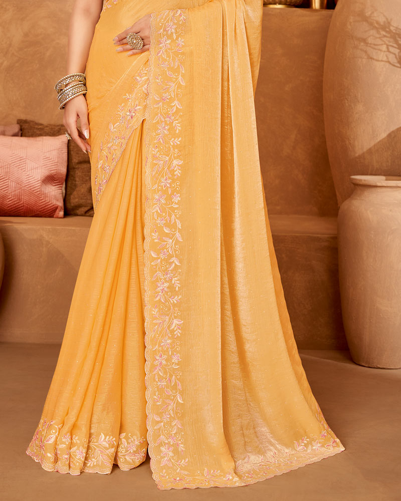 Vishal Prints Pastel Orange Designer Crushed Chiffon Saree With Embroidery-Diamond Work And Cut Work Fancy Border