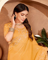 Vishal Prints Pastel Orange Designer Crushed Chiffon Saree With Embroidery-Diamond Work And Cut Work Fancy Border