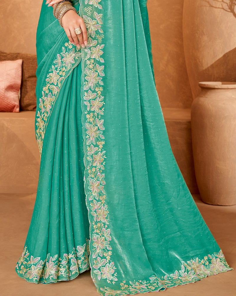 Vishal Prints Aqua Green Designer Crushed Chiffon Saree With Embroidery-Diamond Work And Cut Work Fancy Border