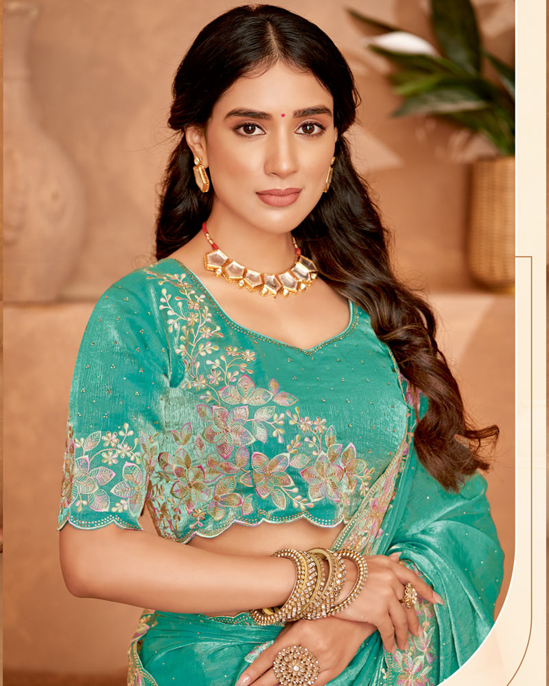 Vishal Prints Aqua Green Designer Crushed Chiffon Saree With Embroidery-Diamond Work And Cut Work Fancy Border