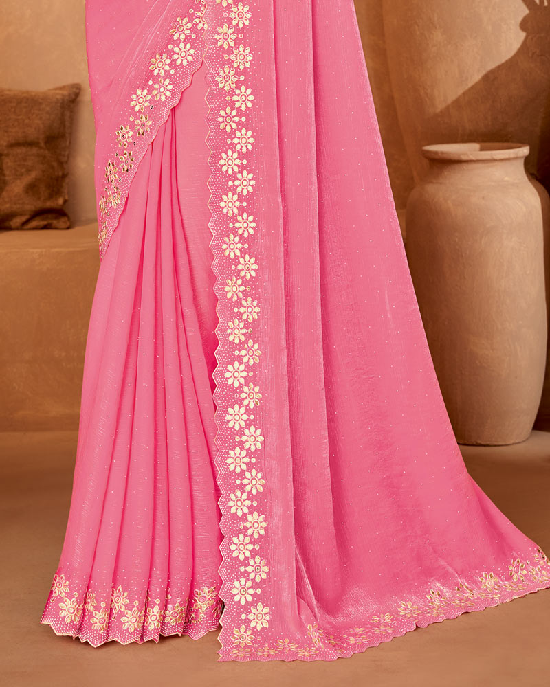 Vishal Prints Blush Pink Designer Crushed Chiffon Saree With Embroidery-Diamond Work And Cut Work Fancy Border