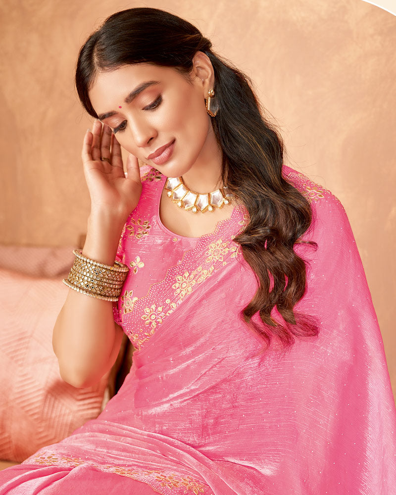 Vishal Prints Blush Pink Designer Crushed Chiffon Saree With Embroidery-Diamond Work And Cut Work Fancy Border