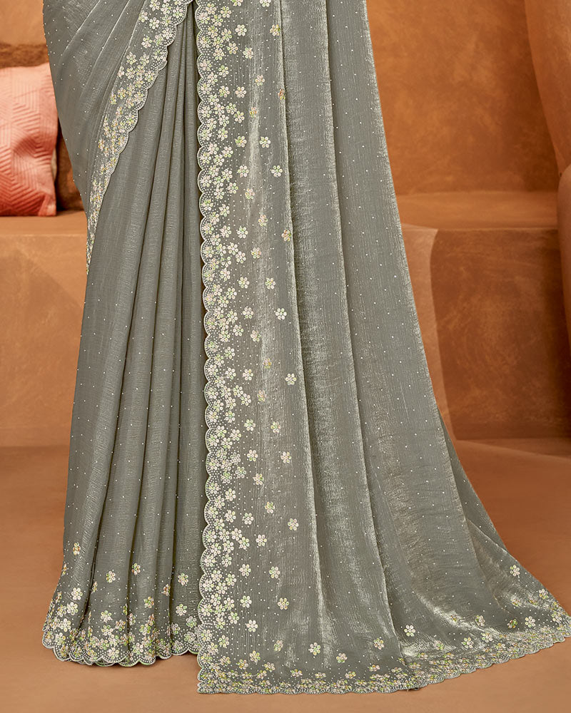 Vishal Prints Charcoal Grey Designer Crushed Chiffon Saree With Embroidery-Diamond Work And Cut Work Fancy Border