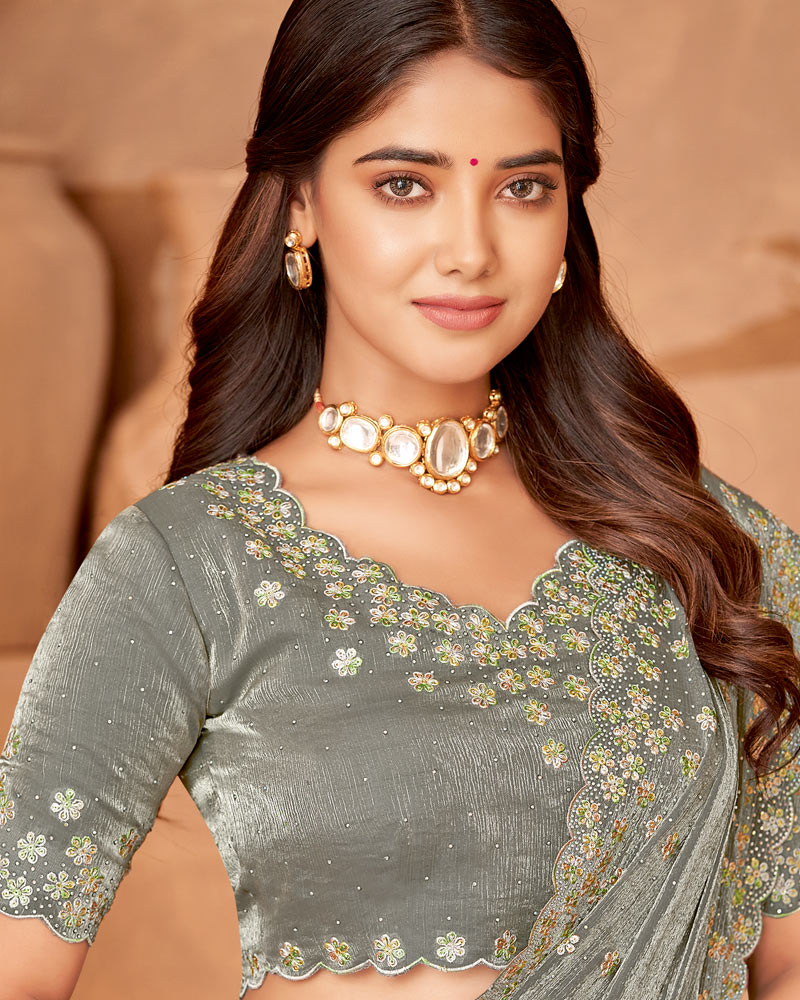 Vishal Prints Charcoal Grey Designer Crushed Chiffon Saree With Embroidery-Diamond Work And Cut Work Fancy Border