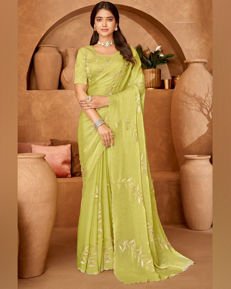 Vishal Prints Greenish Tan Designer Crushed Chiffon Saree With Embroidery-Diamond Work And Cut Work Fancy Border
