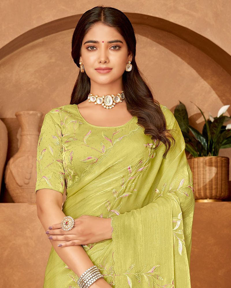 Vishal Prints Greenish Tan Designer Crushed Chiffon Saree With Embroidery-Diamond Work And Cut Work Fancy Border