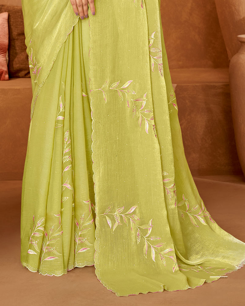 Vishal Prints Greenish Tan Designer Crushed Chiffon Saree With Embroidery-Diamond Work And Cut Work Fancy Border
