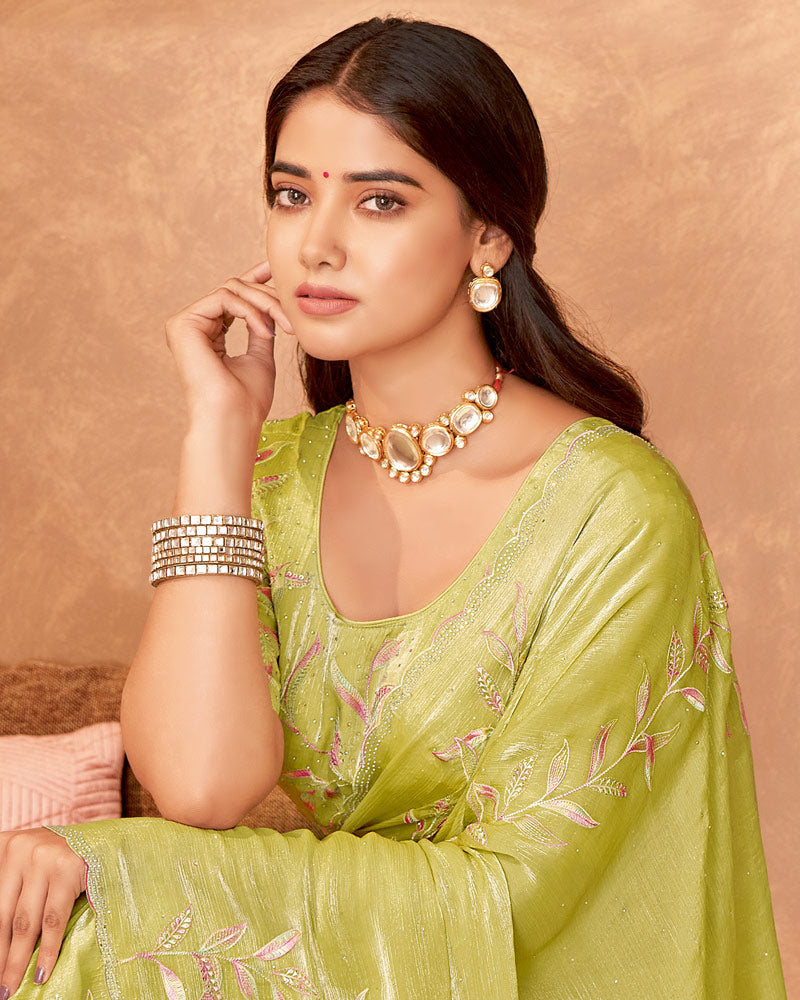Vishal Prints Greenish Tan Designer Crushed Chiffon Saree With Embroidery-Diamond Work And Cut Work Fancy Border