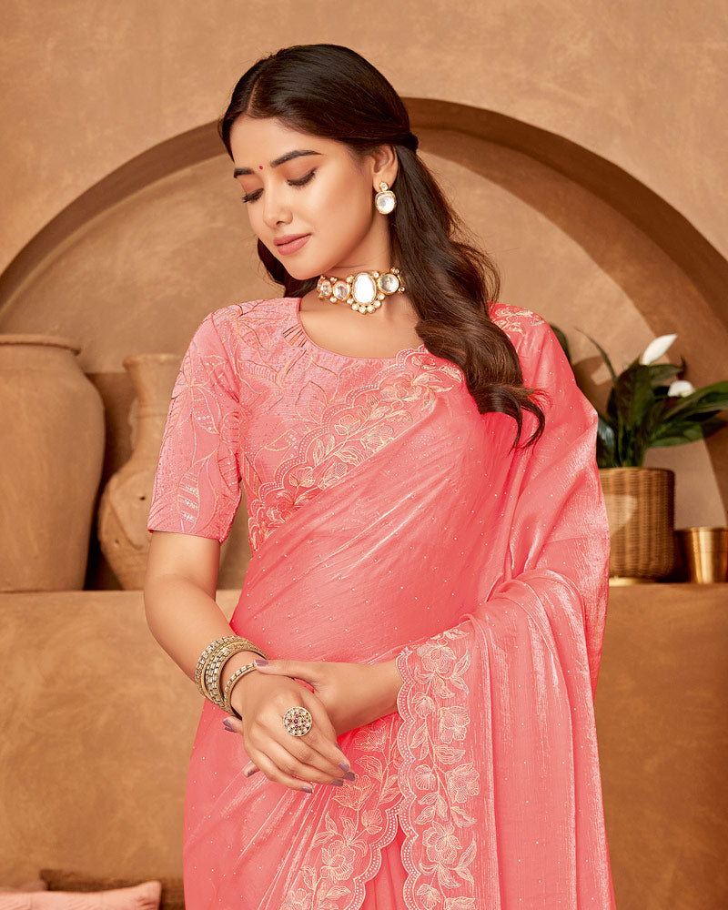 Vishal Prints Coral Designer Crushed Chiffon Saree With Embroidery-Diamond Work And Cut Work Fancy Border