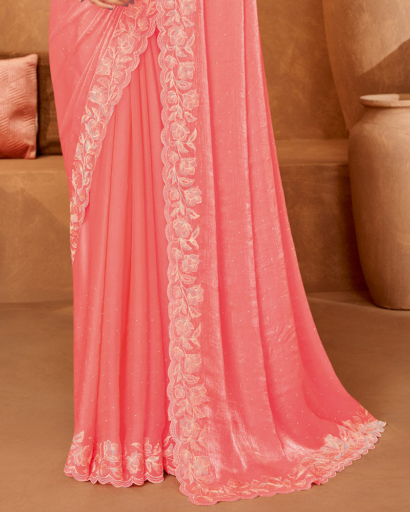 Vishal Prints Coral Designer Crushed Chiffon Saree With Embroidery-Diamond Work And Cut Work Fancy Border