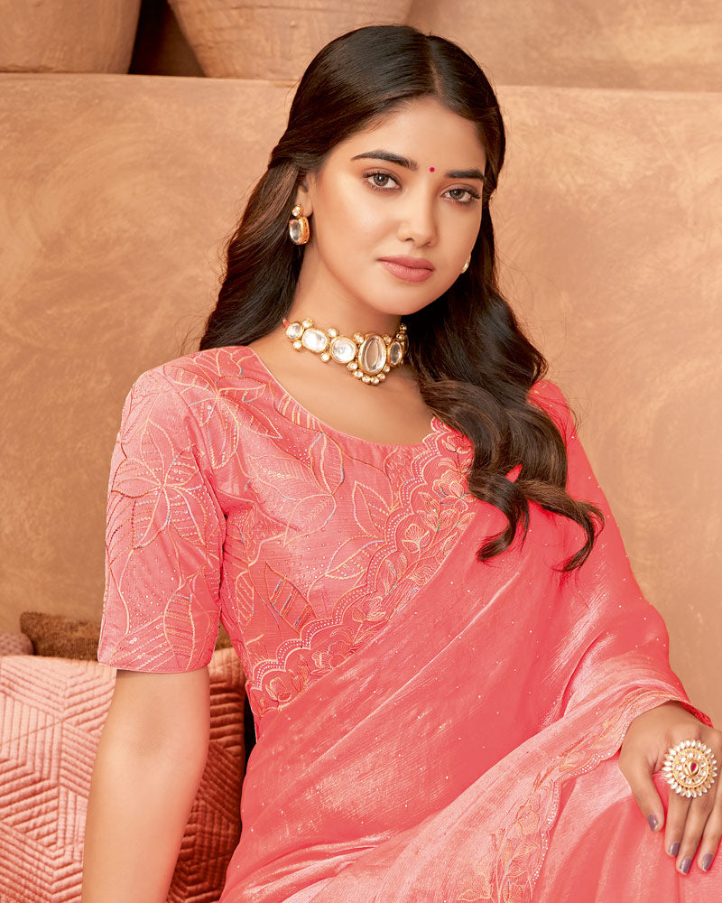 Vishal Prints Coral Designer Crushed Chiffon Saree With Embroidery-Diamond Work And Cut Work Fancy Border