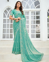 Vishal Prints Pastel Teal Green Designer Fancy Satin-Chiffon Saree With Embroidery-Diamond Work And Cut Work Border