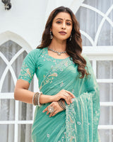 Vishal Prints Pastel Teal Green Designer Fancy Satin-Chiffon Saree With Embroidery-Diamond Work And Cut Work Border