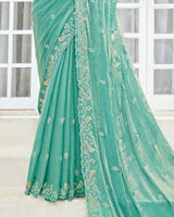 Vishal Prints Pastel Teal Green Designer Fancy Satin-Chiffon Saree With Embroidery-Diamond Work And Cut Work Border