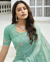 Vishal Prints Pastel Teal Green Designer Fancy Satin-Chiffon Saree With Embroidery-Diamond Work And Cut Work Border