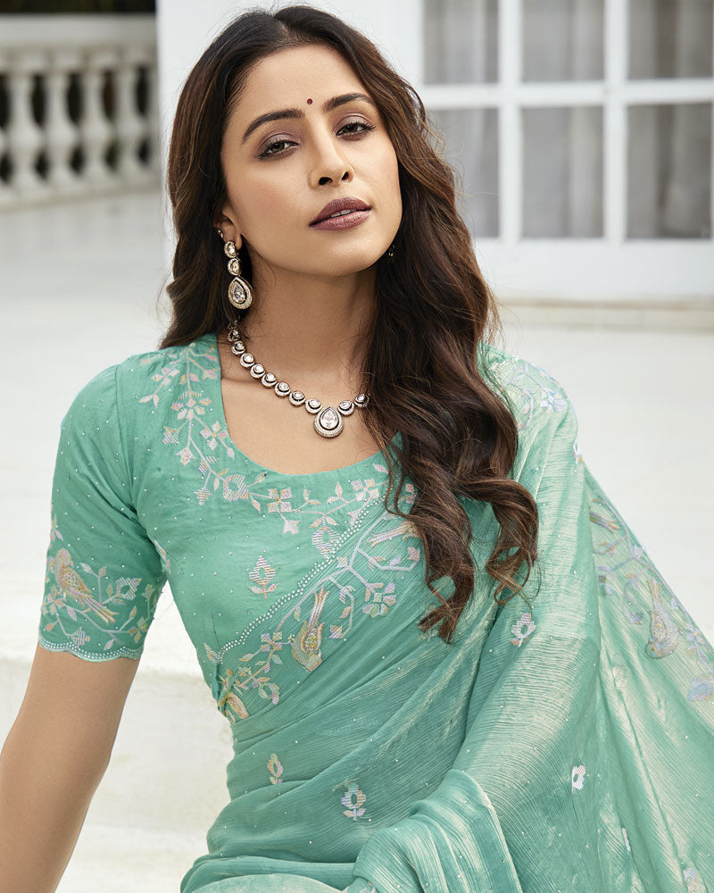 Vishal Prints Pastel Teal Green Designer Fancy Satin-Chiffon Saree With Embroidery-Diamond Work And Cut Work Border