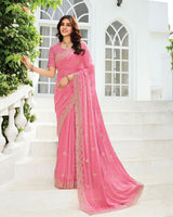Vishal Prints Rosy Pink Designer Fancy Satin-Chiffon Saree With Embroidery-Diamond Work And Cut Work Border